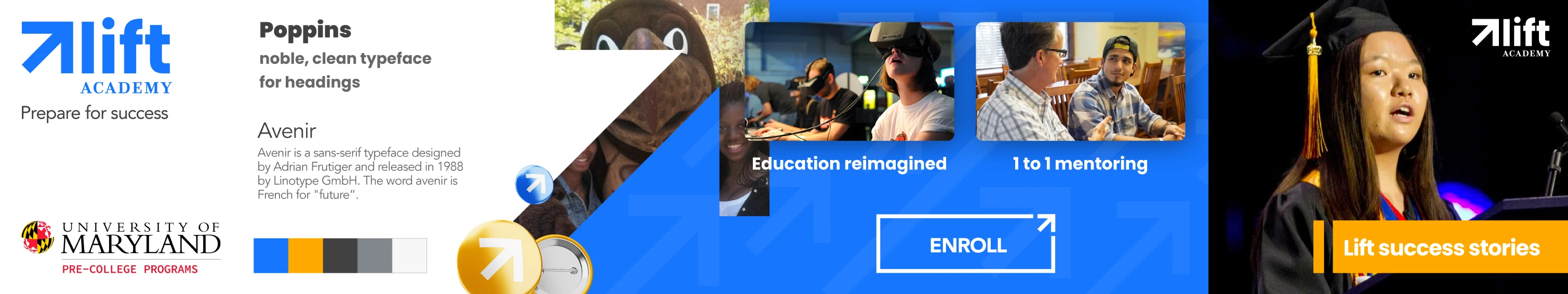 Lift Academy stylescape: logo, typography, color palette, student photography, and brand direction in one panoramic spread